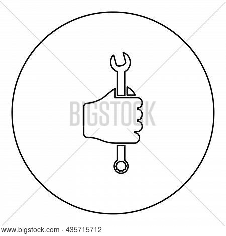 Wrench Hexagon In Hand Tool In Use Arm Spanner Mechanic Engineer Instrument Icon In Circle Round Bla