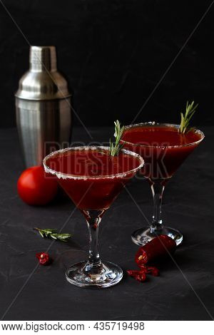 Bloody Mary Cocktail. Alcoholic Drink With Vodka And Tomato Juice In A Glass Isolated On A Black Bac