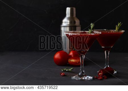 Bloody Mary Cocktail. Alcoholic Drink With Vodka And Tomato Juice In A Glass Isolated On A Black Bac