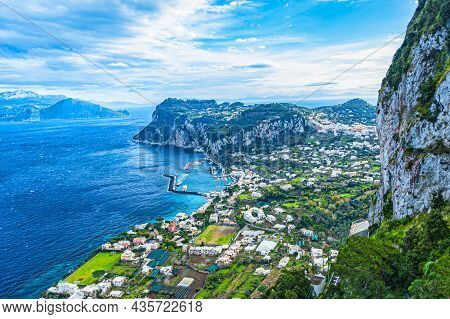 View Of Marina Piccola Of The Island Of Capri And Blue Waters Of Italy\'s Tyrrhenian Sea