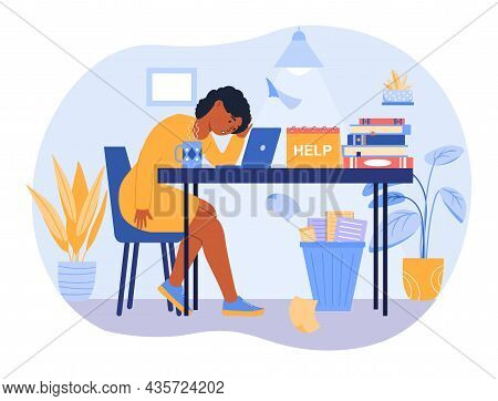 Professional Burnout Concept. Tired Woman Sitting At Her Desk And Working On Project. Employee Asks 