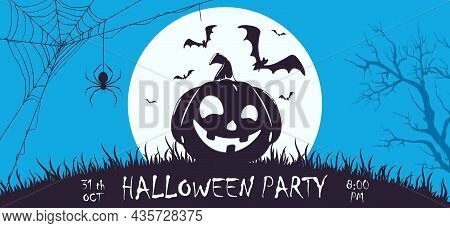 Blue Halloween Banner With Silhouette Of  Happy Pumpkin And Big Moon. Halloween Background With Jack
