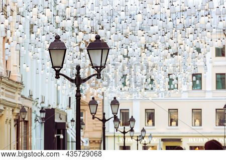 Moscow, Russia, 10.03.2020: Street Lights In Stoleshnikov Lane. Moscow Pedestrian Street