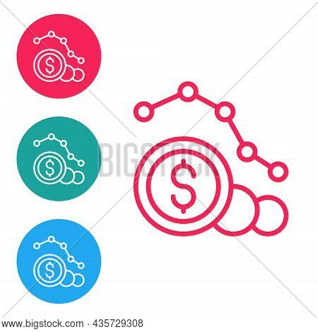 Red Line Dollar Rate Decrease Icon Isolated On White Background. Cost Reduction. Money Symbol With D