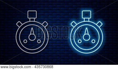 Glowing Neon Line Stopwatch Icon Isolated On Brick Wall Background. Time Timer Sign. Chronometer Sig