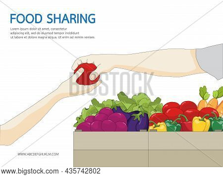 Food Sharing Charity Concept. People Donate Food Giving Homeless And Immigrant People With Humanitar