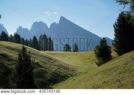 Idyllic Scenery: Beautiful Hills And Meadow On Famous Alpe Di Siusi In The Dolomites, South Tyrol, I