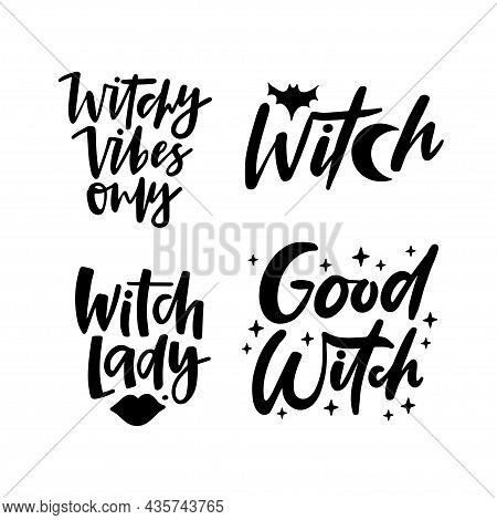 Halloween Holiday Text With Witch Hat, Broom - Witchy Vibes, Witch Lady. Hand Drawn Lettering Quote 