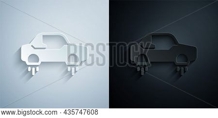 Paper Cut Fantastic Flying Car Icon Isolated On Grey And Black Background. Hover Car Future Technolo