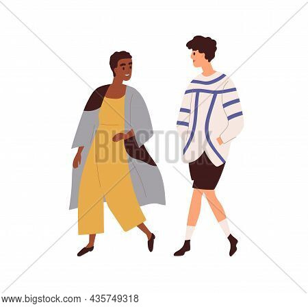 Interracial Couple Of Man And Woman Walking And Talking. Biracial Friends Chatting. Happy People Str