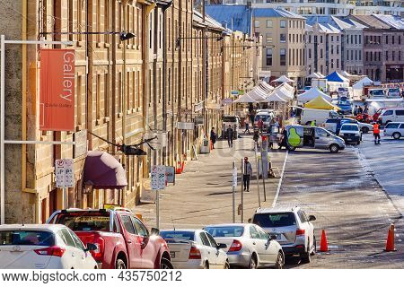 Hobart, Tasmania, Australia - September 16, 2017: Salamanca Place Right After A Saturday Morning Mar