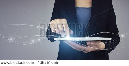Technical Support Customer Service Business Technology Internet. Hite Tablet In Businesswoman Hand W