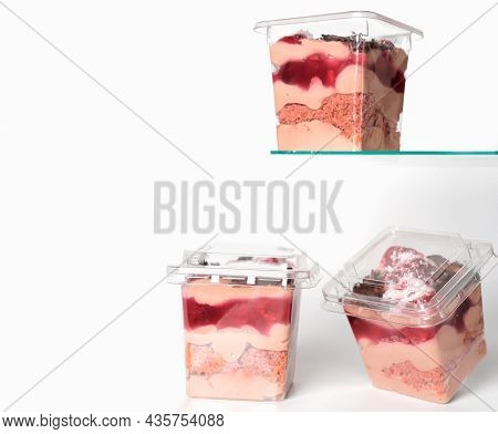 Three Take Away Trifle Cake In A Box. Chocolate Sponge Bisquit With Mascarpone And Cherry Berry Jam 