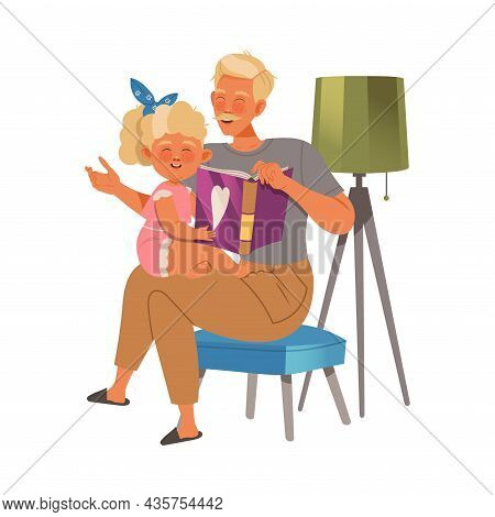 Dad Reading Book To His Little Daughter. Househusband Doing Daily Routine Cartoon Vector Illustratio