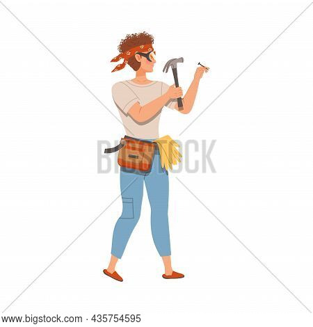 Man Hammering Nail Into Wall. Househusband Doing Daily Routine Cartoon Vector Illustration