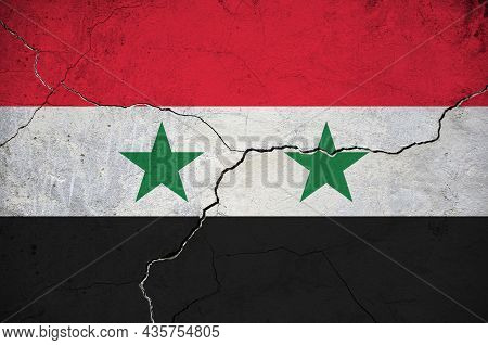 An Image Of The Syrian Arab Republic Flag On A Wall With A Crack. Background.
