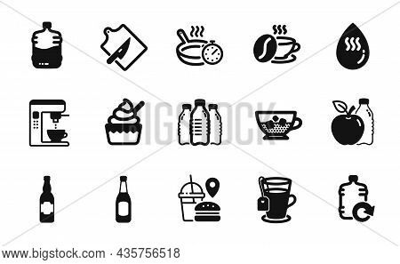 Vector Set Of Cold Coffee, Cutting Board And Refill Water Icons Simple Set. Cooler Bottle, Coffee Ma