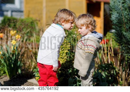 Two Little Brothers Boys Fighting And Having Dispute. Preschool, Upset Children Arguing Outdoors. Ri