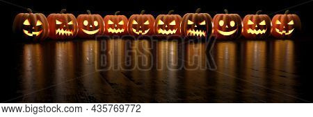 Row Of Frightening Halloween Pumpkins Or Jack Olanterns With Copy Space. 3d Rendering