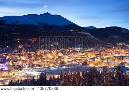 Breckenridge, Colorado, USA town skyline in winter at dawn.