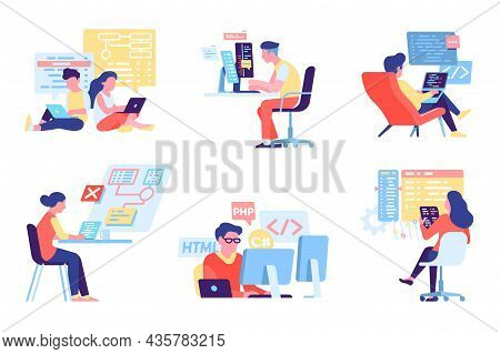 Programmers People. Developers At Workplace. Html And Php Coding. It Technologies Activity. Apps And