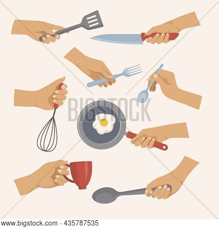 Kitchen Tools In Hands. Objects For Preparing Food In Kitchen Forks Spoons Plates Pots Recent Vector