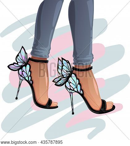 Silhouette Of Female Legs In High-heeled Shoes Isolated On A Red Background