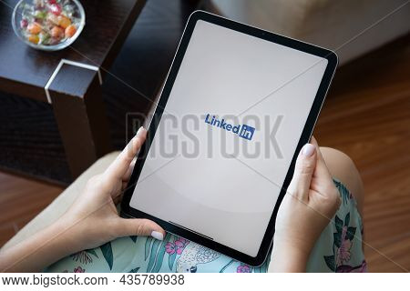 Alanya, Turkey - September 30, 2021: Women Holding Ipad Air Space Gray With Social Network Service L