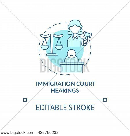Immigration Court Hearings Blue Concept Icon. Judicial Procedure On Immigration Cases. Deportation A