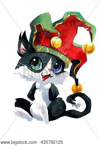 Set Of Watercolor Cliparts. Fabulous Fantastic Medieval Cats. Halloween Theme, Jester, Princess, Gar