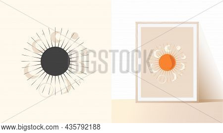 Abstract Contemporary Illustration On A Light Background. Dark Sun And Phases Of The Lunar Cycle. Es