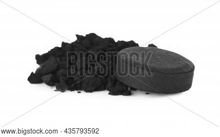Activated Charcoal On White Background. Potent Sorbent
