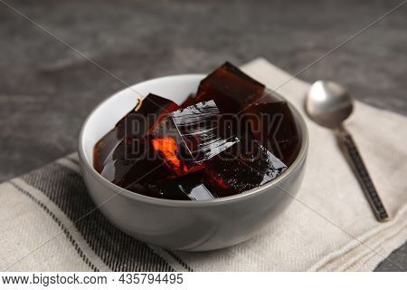 Delicious Grass Jelly Cubes On Table, Closeup
