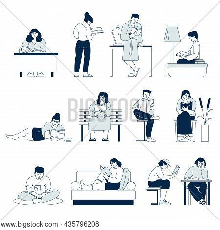 People Read Books. Adult Read Book, Young Person Study. Students Or Readers In Library, Cozy Literat