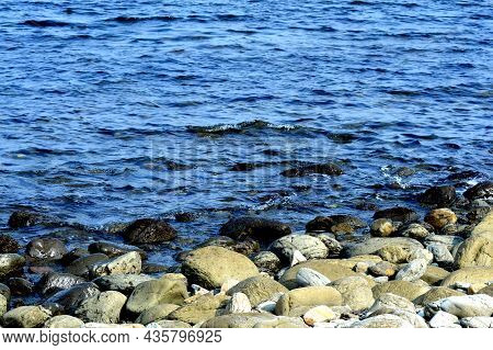 Beautiful Romantic Photo, Seashore On The Beach. Relaxing Seascape. Waves With Foam On The Sea. Summ