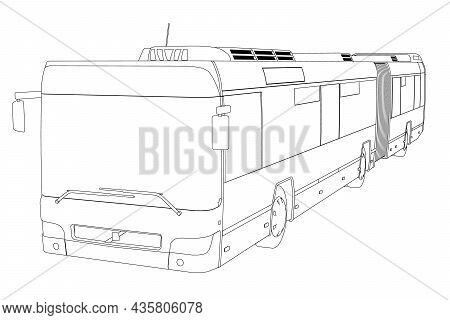 Outline Of A Long Bus From Black Lines Isolated On A White Background. Perspective View. Vector Illu