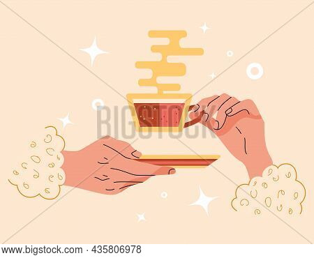 Two Hands Holding Mug Of Hot Tea And Saucer. Good Manners Or Behavior At Tea Party Or Meeting. Conce