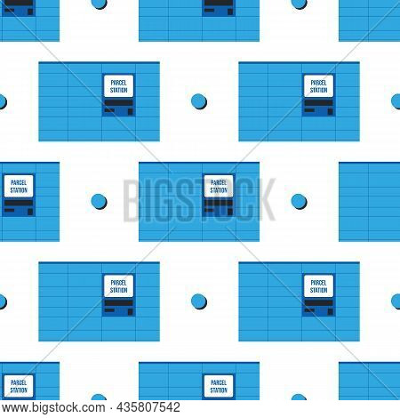 Blue Parcel Station, Parcel Locker, Postamat And Dots Vector Seamless Pattern Background.