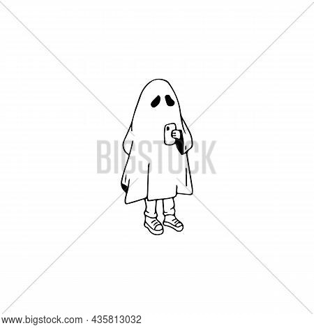 Ghost Makes Selfie. Hand Drawn Sketch. Halloween Ghost Doodle. Vector