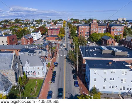 Aerial View Of Munjoy Hill Historic District On Congress Street From Downtown Portland, Maine Me, Us