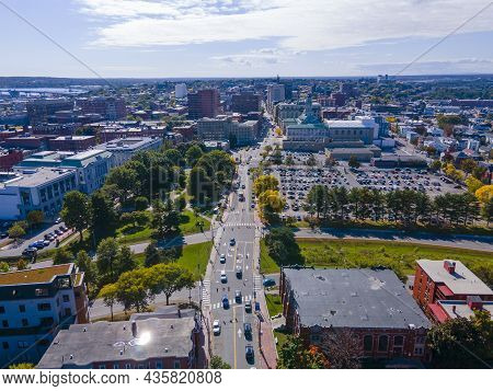 Aerial View Of Portland Historic Downtown Skyline On Congress Street, Viewed From Munjoy Hill, Portl