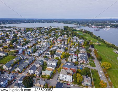 Munjoy Hill Historic Residence Community Close Up Aerial View In Portland, Maine Me, Usa.
