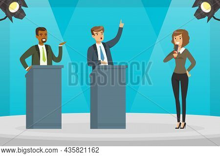 Woman Tv Reporter Speaking Into Microphone At Show Programme On Television Vector Illustration