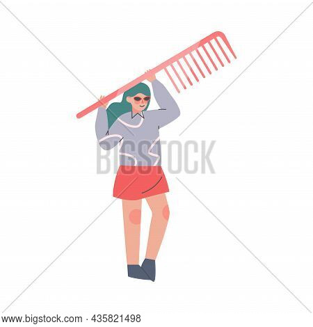 Young Female Holding Huge Hair Comb Vector Illustration
