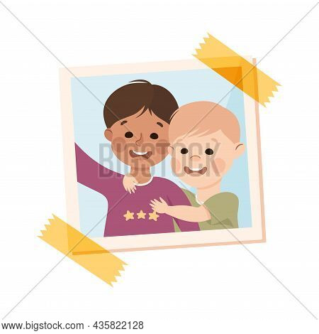 Happy Little Boy On Photo Card Or Snapshot Sticking On The Wall Vector Illustration. Excited Kid Wit