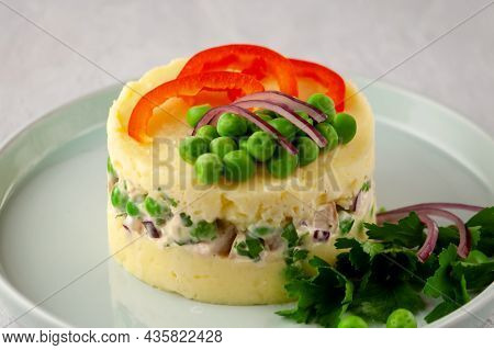 Causa Stuffed With Chicken. A Traditional Peruvian Dish.