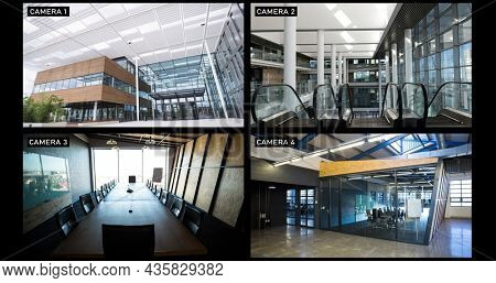 Composite of views from four security cameras showing lobby and rooms at business offices. surveillance and business security technology concept, digital composite image.