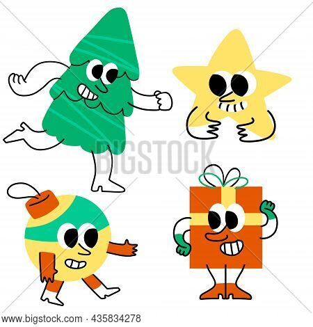 Set Of Christmas Characters. Christmas Tree With Face, Cheerful Gift, Cute Star With Hand And Garlan