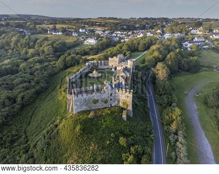 Editorial Manorbier, Uk - July 13, 2021: Drone View Of Manorbier Castle In West Wales, A Norman Cast