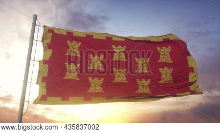 Greater Manchester Flag, England, Waving In The Wind, Sky And Sun Background. 3d Rendering